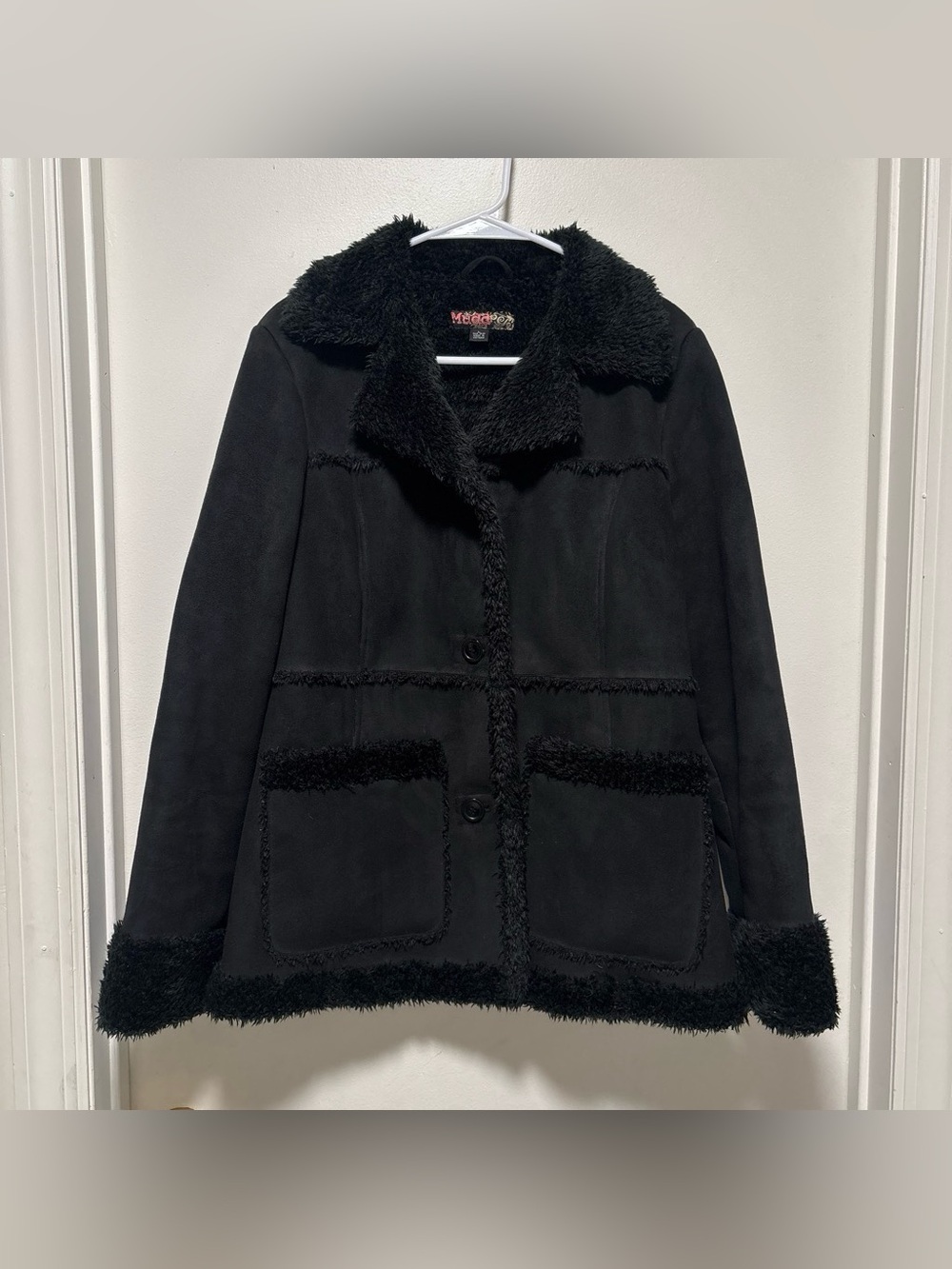 Mudd Women's Black Faux-Shearling Teddy Jacket y2k large faux suede